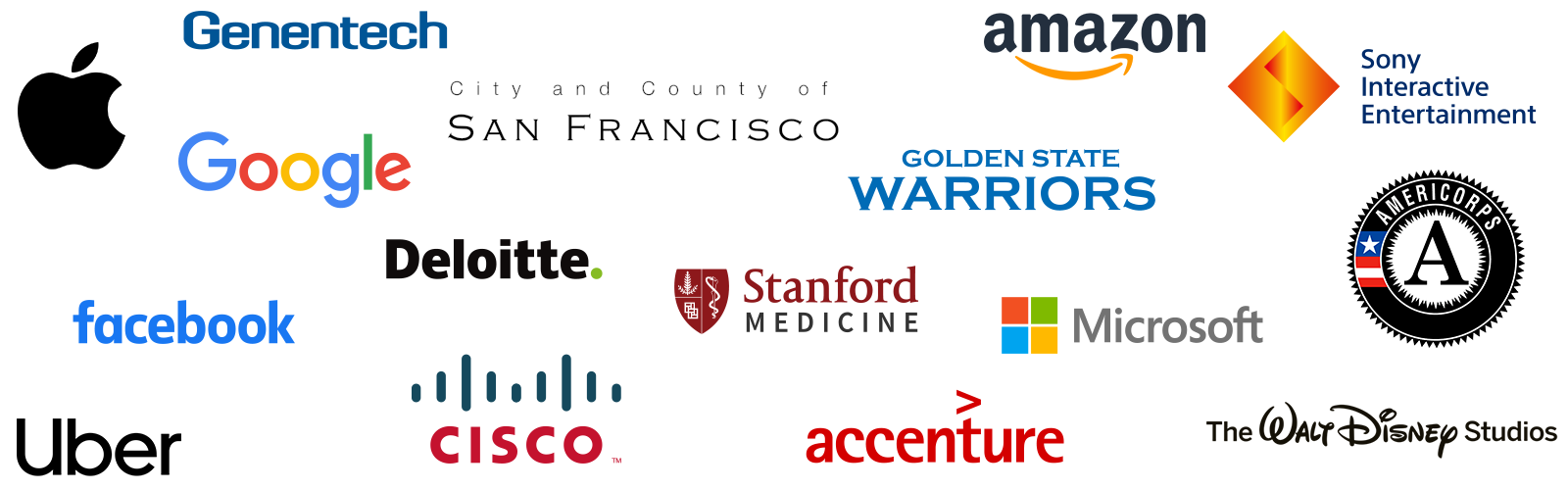 A large number of major corporation logos in single image: Apple, Google, Uber, Cisco, Microsoft and more.